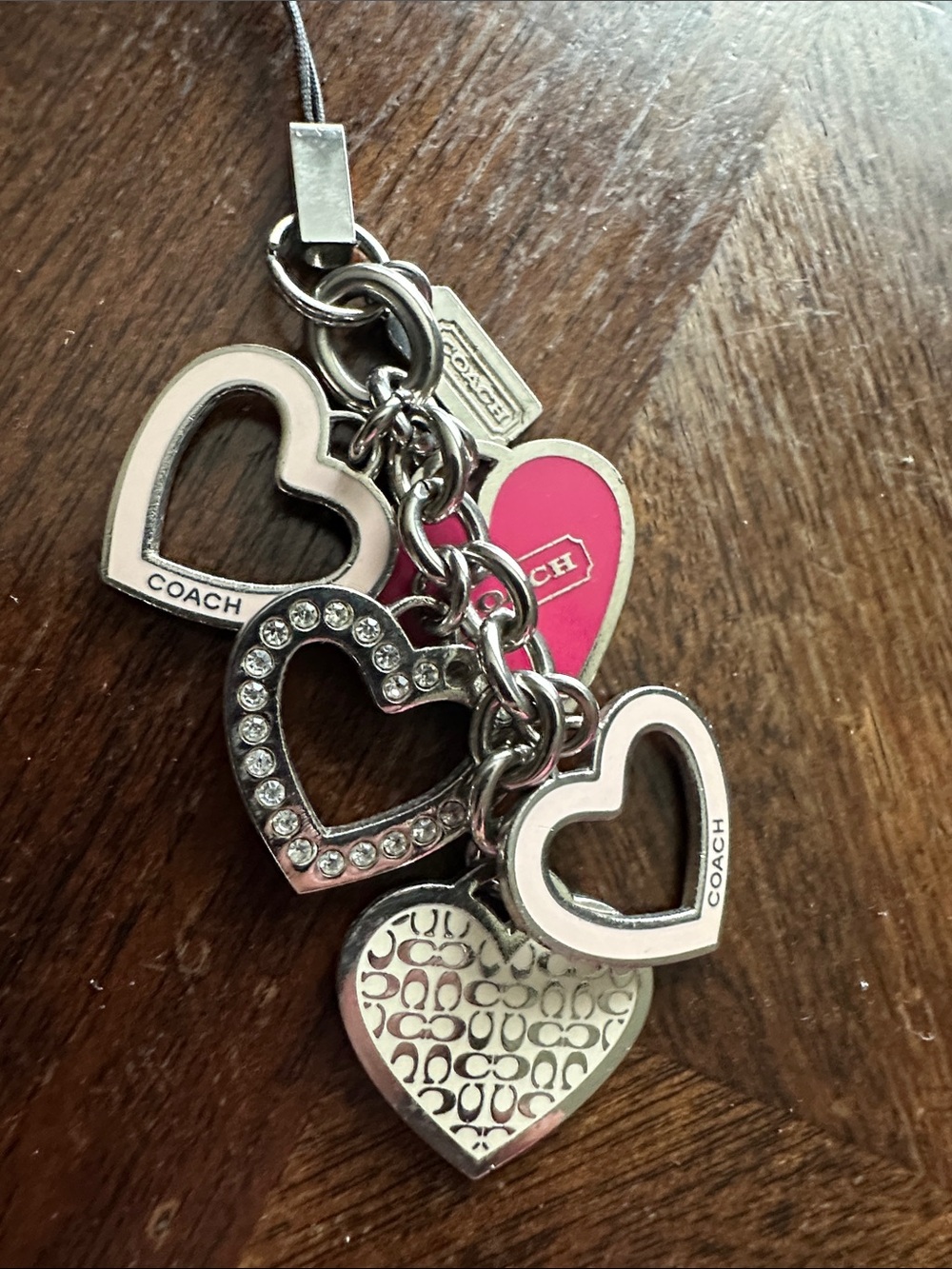 COACH Silver Metal & Pink Heart Charm Keychain